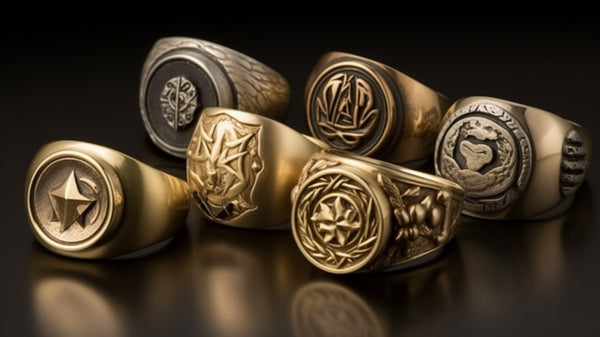 Array of signet rings showing different engraving styles