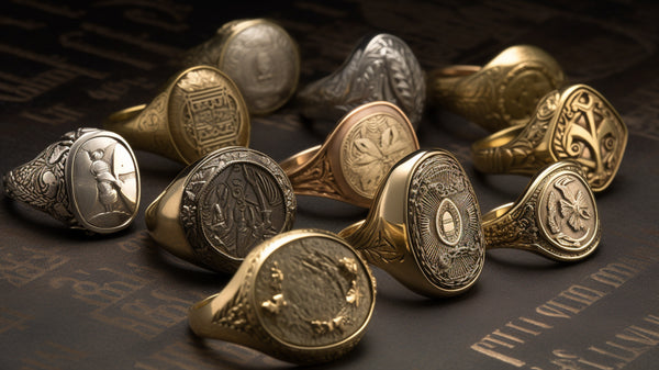 Ancient Egyptian signet rings on display in a museum setting.