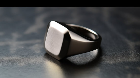 titanium signet ring with geometric patterns on a dark background