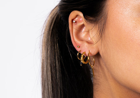 model with hops and ear studs gold plated