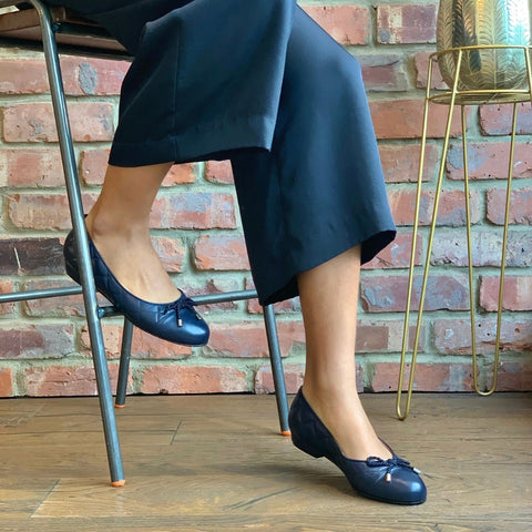 wide fitting navy leather ballet flats for women