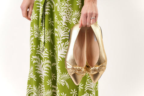 extra wide gold flat shoes in metallic leather