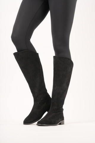 wide fitting knee high boots in black suede