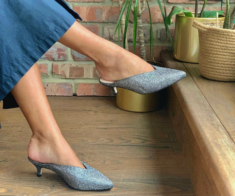 wide fit kitten heel mules in grey sparkle