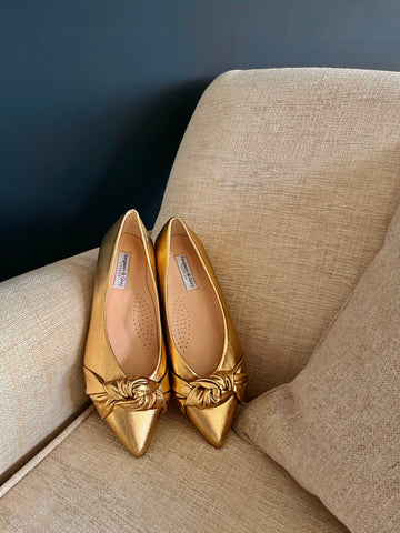 wide fitting gold statement flats