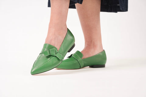 wide fit pointed flats in green leather