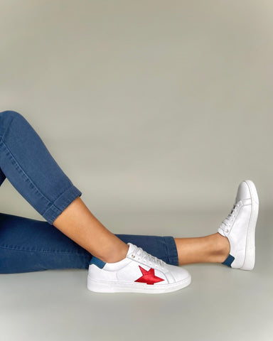 wide fit white leather trainers with a red and navy star