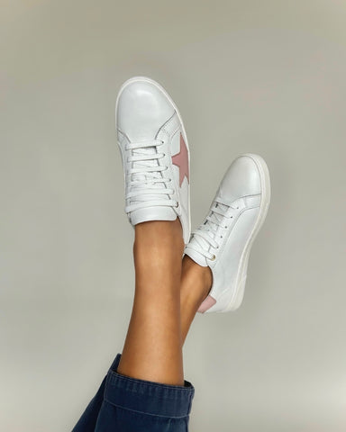 wide fit white leather trainers with baby pink star