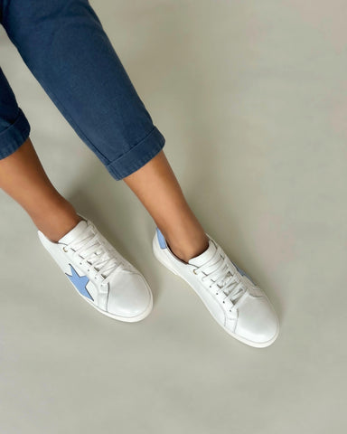 wide fit white leather trainers with baby blue star