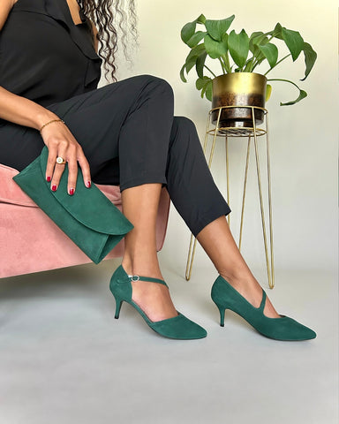 Wide fit occasion heels in green suede with matching clutch