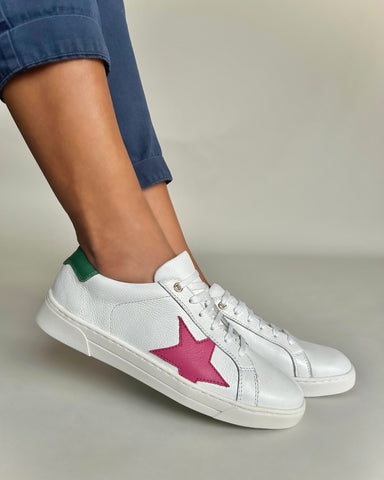 wide fit white leather trainers with green and pink star