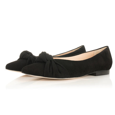 wide fitting black suede flats for women with twist knot detail