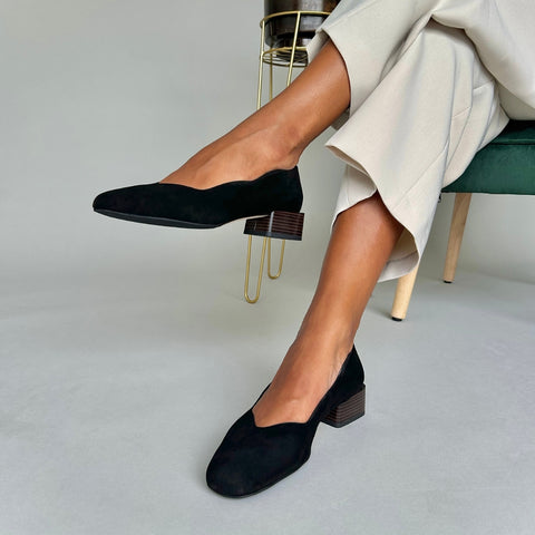 wide fit block heel pumps in black suede