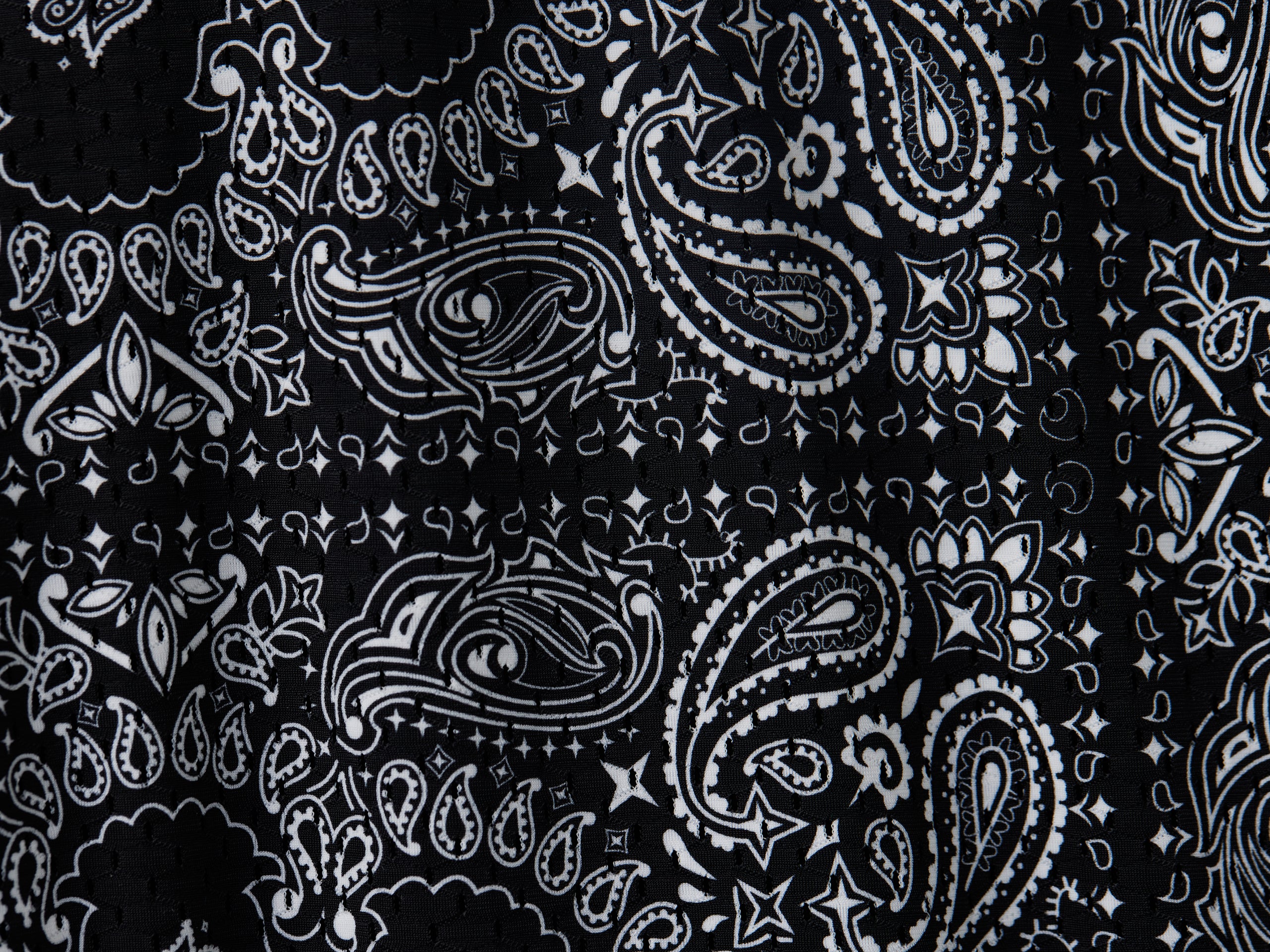 Detail shot of black bandana print mesh material