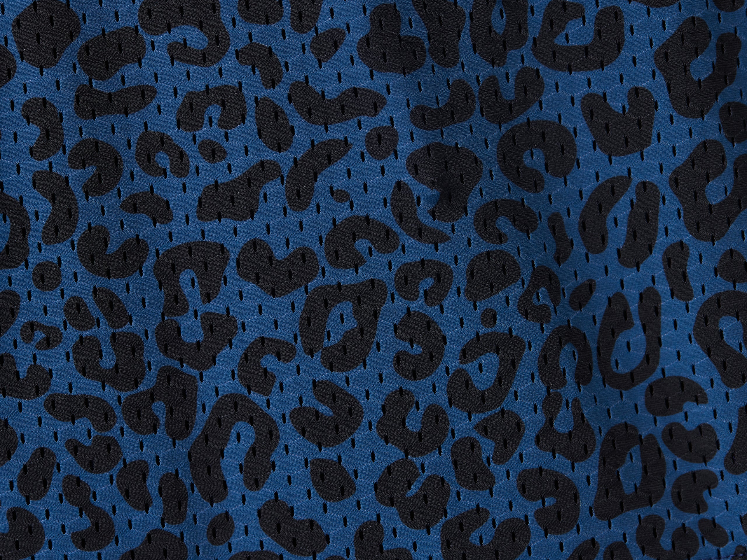 Detail shot of blue leopard print mesh