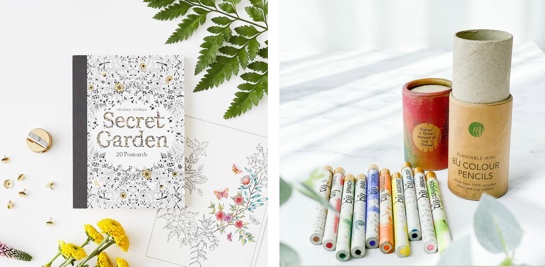 Secret Garden Colouring Postcards and eco-friendly plantable colour pencils to practice mindfulness