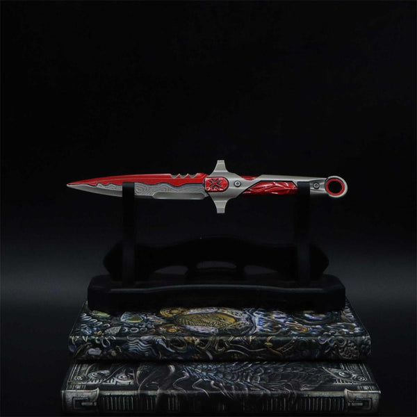 red vct knife with wooden stand