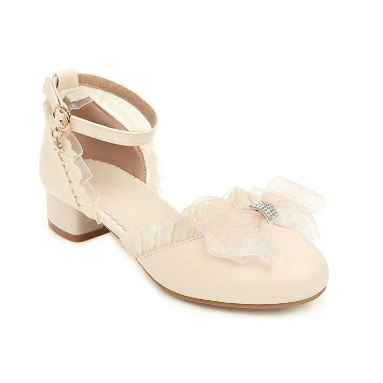 Women Lolita Round Toe Lace Butterfly Knot Hollow Out Low Block 