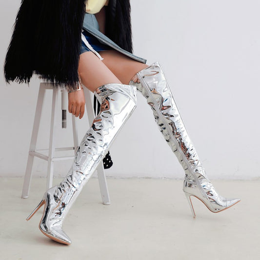 Woman Patent Leather Pointed Toe Side Zippers Stiletto Heel Over the Knee Boots