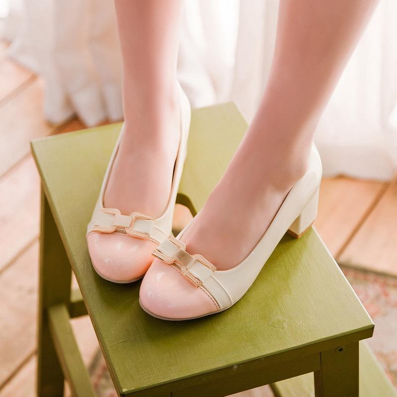 LadyButterfly Knot Medium-heeled Round Shallow-mouthed Woman Chunkey Heels Pumps