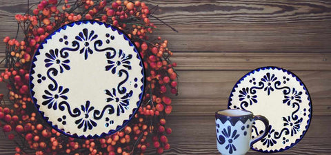 Rustica Gift and Pottery Azul y Blanco Talavera pottery, dinnerware, plates, mugs, cups, servingware, platters and salad bowl and plate collection