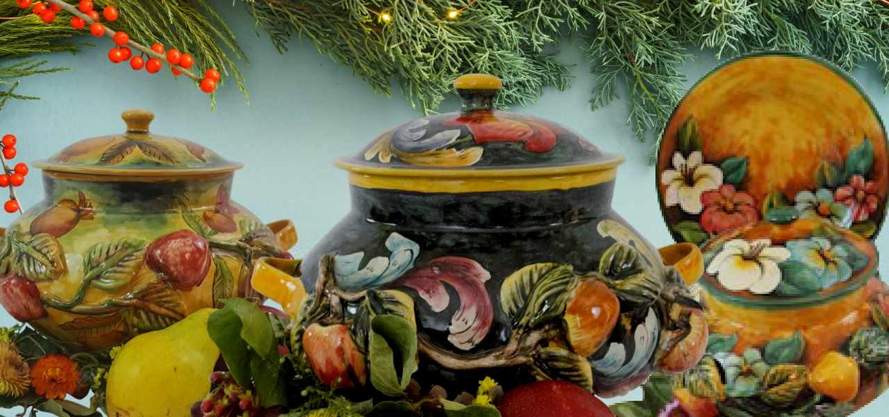 Holiday Gift Idea Soup Tureen Servingware and floral centerpiece Majolica pottery collection from Rustica Gift & Talavera Pottery