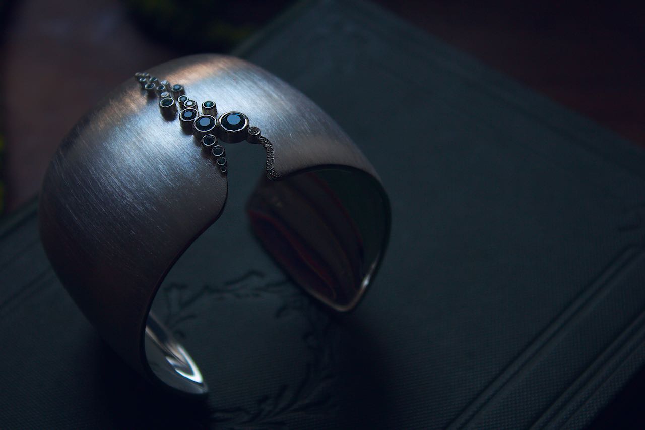 Moira Patience Fine Jewellery Bespoke Diamond and Aquamarine Silver Delta Cuff