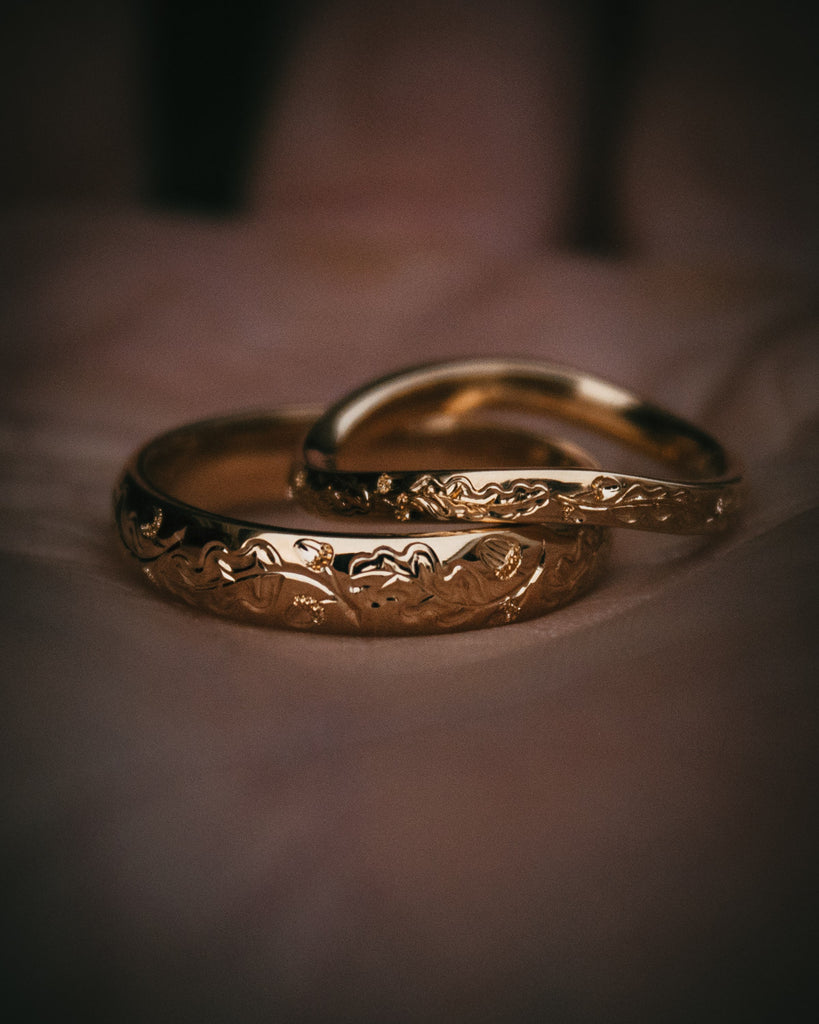 Moira Patience Fine Jewellery Hand-Engraved Oak Wedding Rings