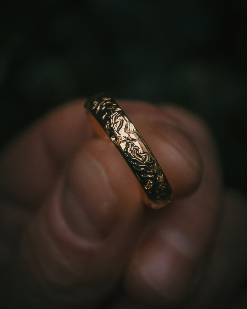 Moira Patience Fine Jewellery Hand-Engraved Oak Wedding Rings