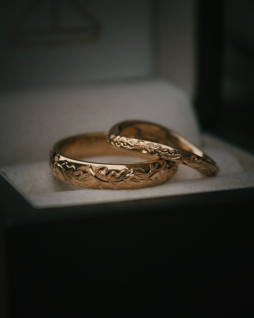 Moira Patience Fine Jewellery Hand-Engraved Oak Wedding Rings