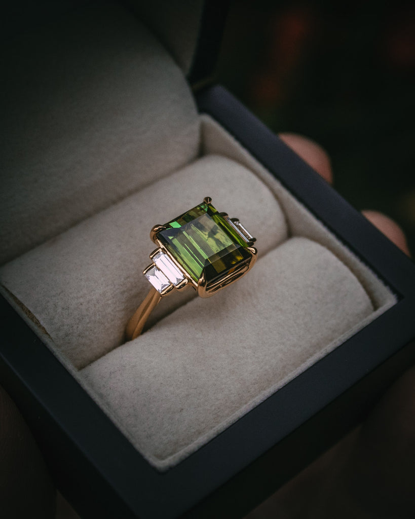 Bespoke green tourmaline and diamond engagement ring Edinburgh