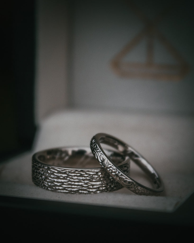 Bespoke hand engraved textured wedding bands