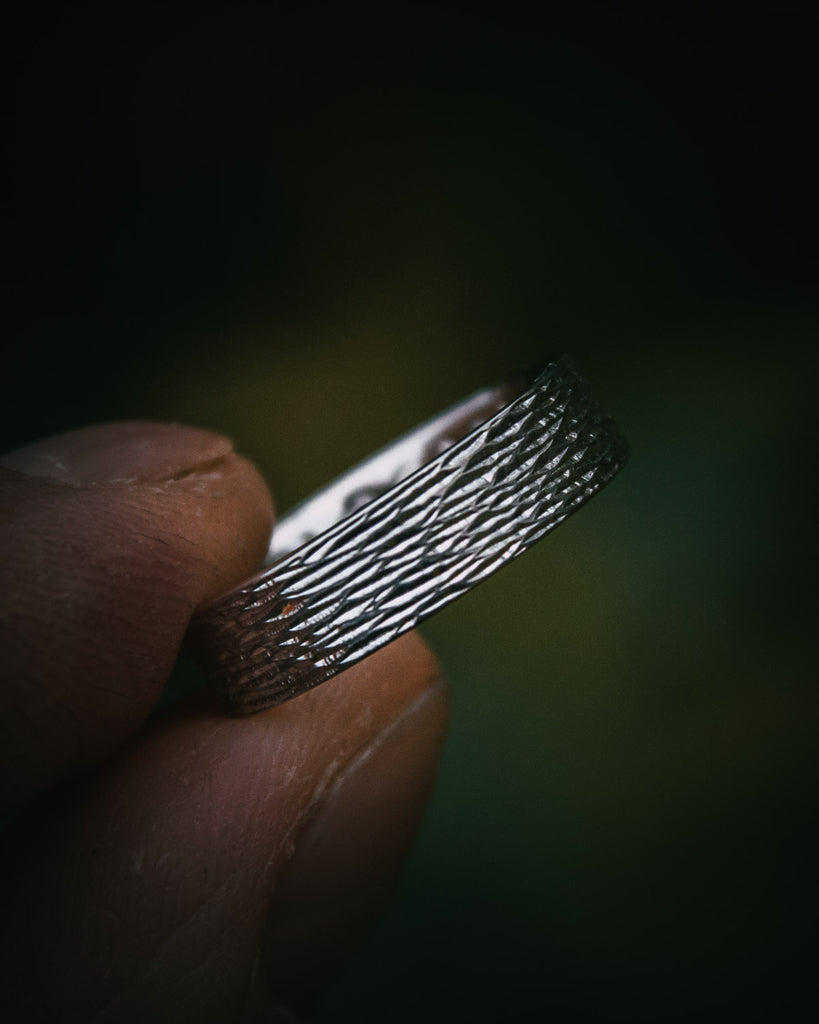 Bespoke hand engraved textured wedding bands