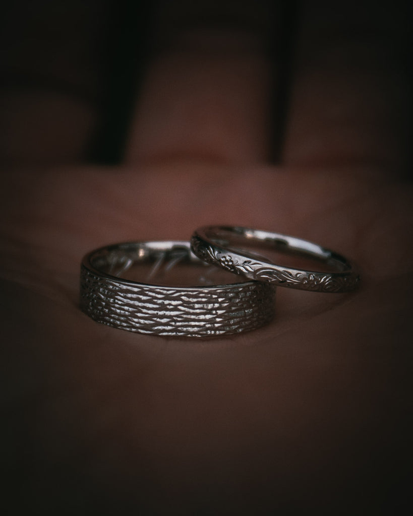 Bespoke hand engraved textured wedding bands