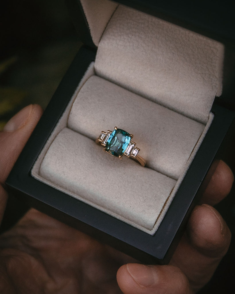 Bespoke indicolite tourmaline and diamond engagement ring