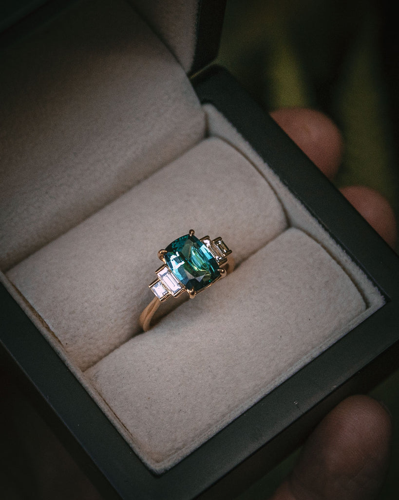 Bespoke indicolite tourmaline and diamond engagement ring