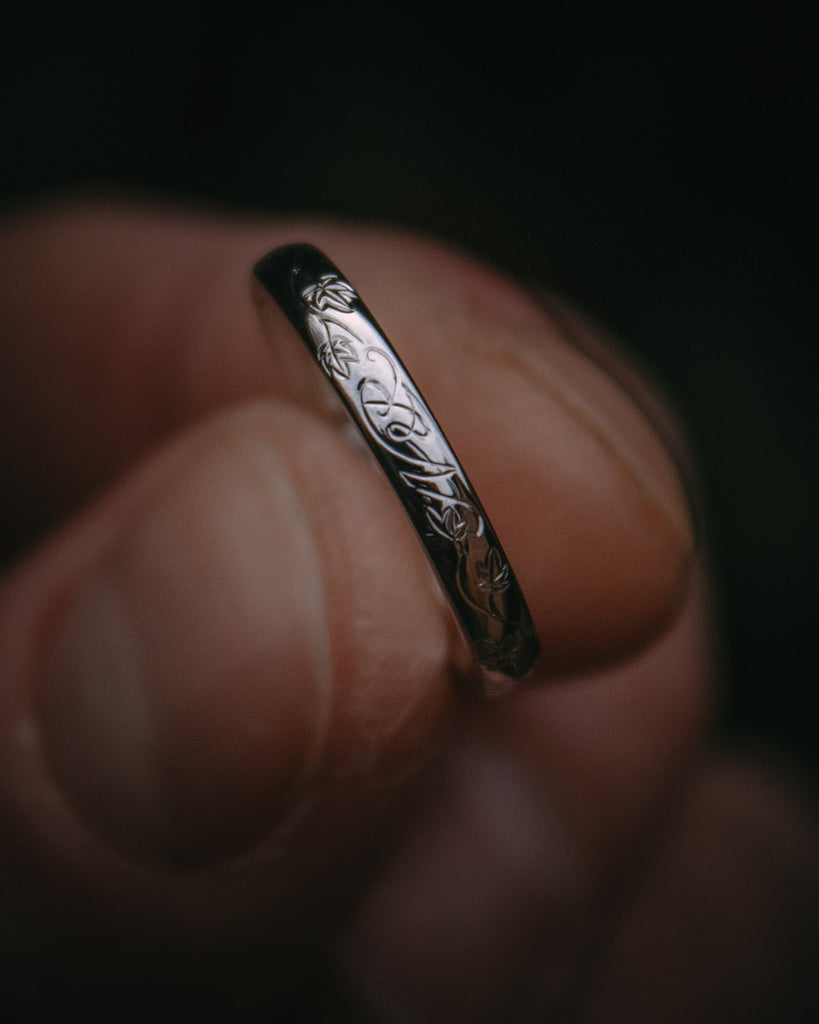 Moira Patience Fine Jewellery Bespoke Hand Engraved Platinum Wedding Bands