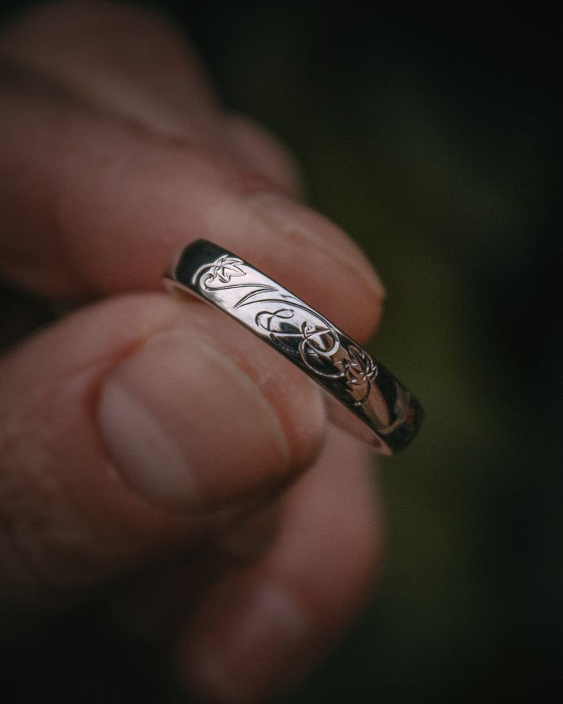 Moira Patience Fine Jewellery Bespoke Hand Engraved Platinum Wedding Bands