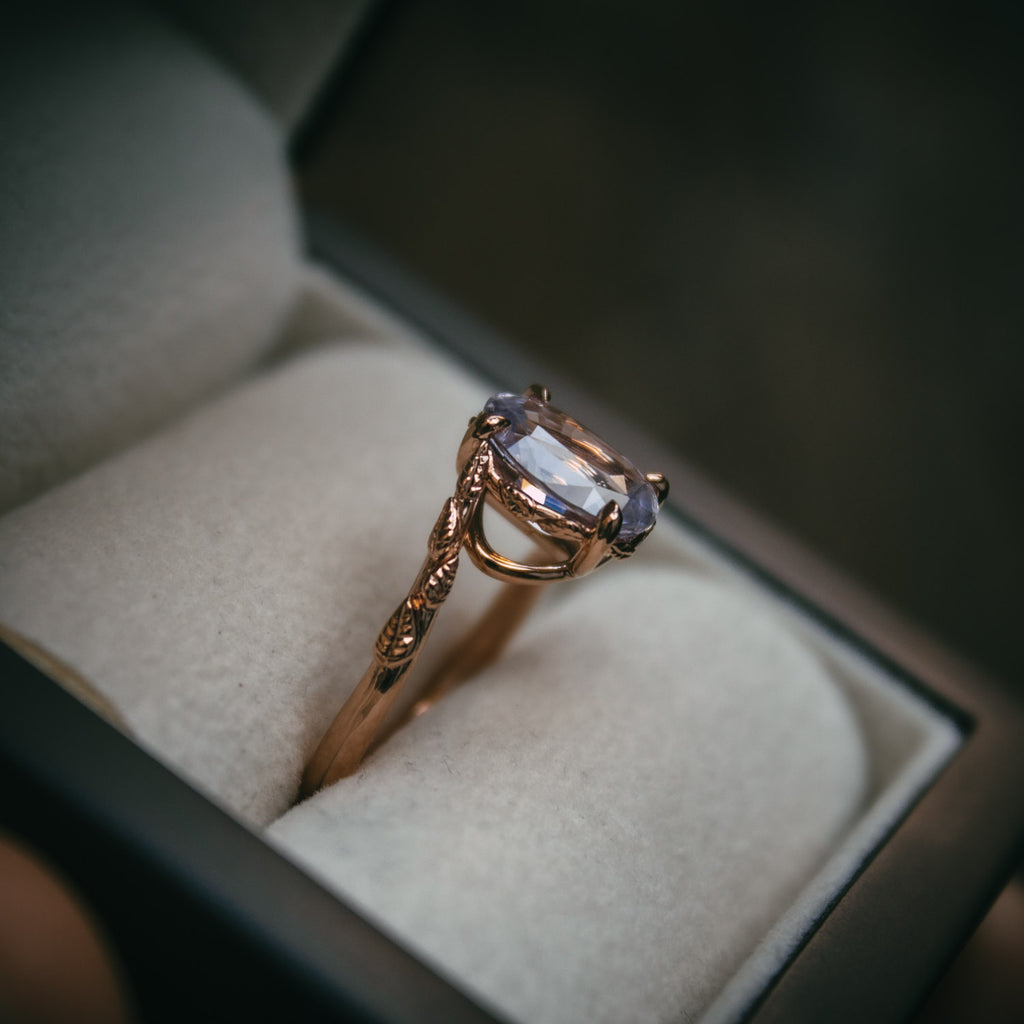 Bespoke violet sapphire engraved rose gold ring