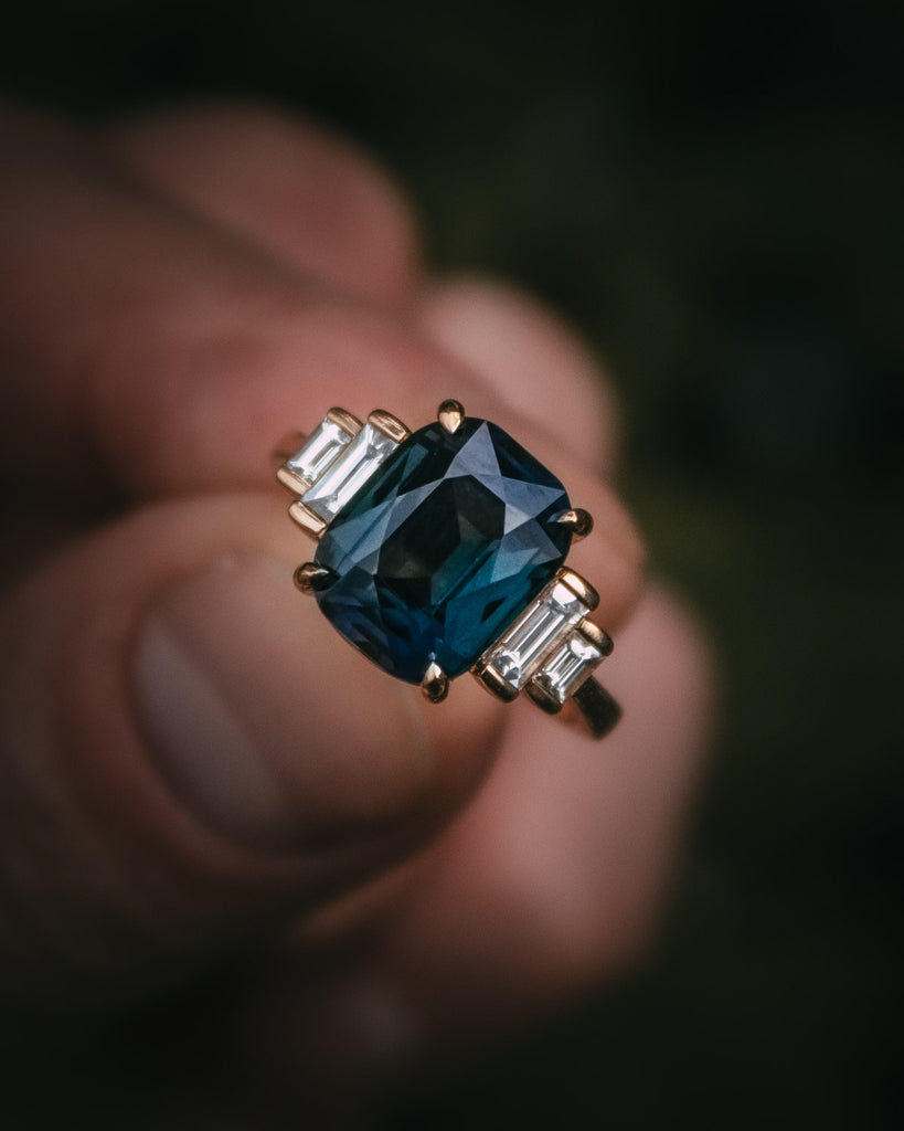 Moira Patience Bespoke Teal Sapphire and Diamond Engagement Ring Edinburgh