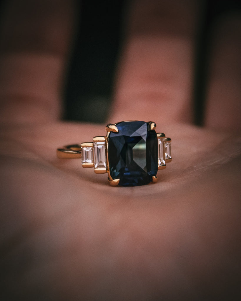 Moira Patience Bespoke Teal Sapphire and Diamond Engagement Ring Edinburgh