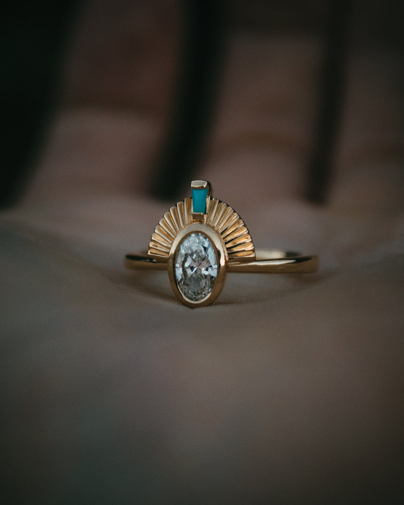 Moira Patience Fine Jewellery Bespoke Oval Canadian Diamond and Turquoise Engagement Ring