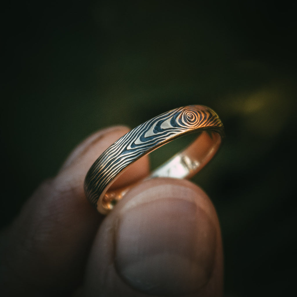 Bespoke Wood and Floral Engraved Wedding Rings