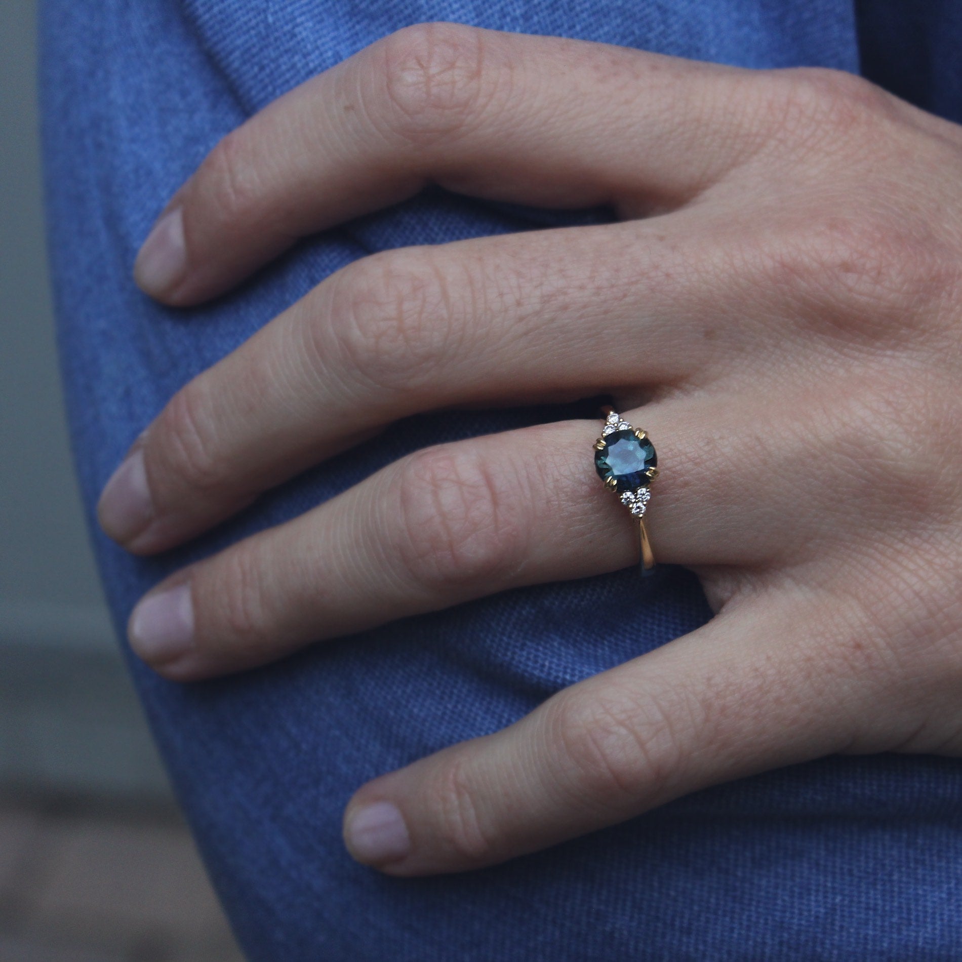 Moira Patience Fine Jewellery Bespoke Commission Teal Sapphire and Diamond Engagement Ring in Edinburgh