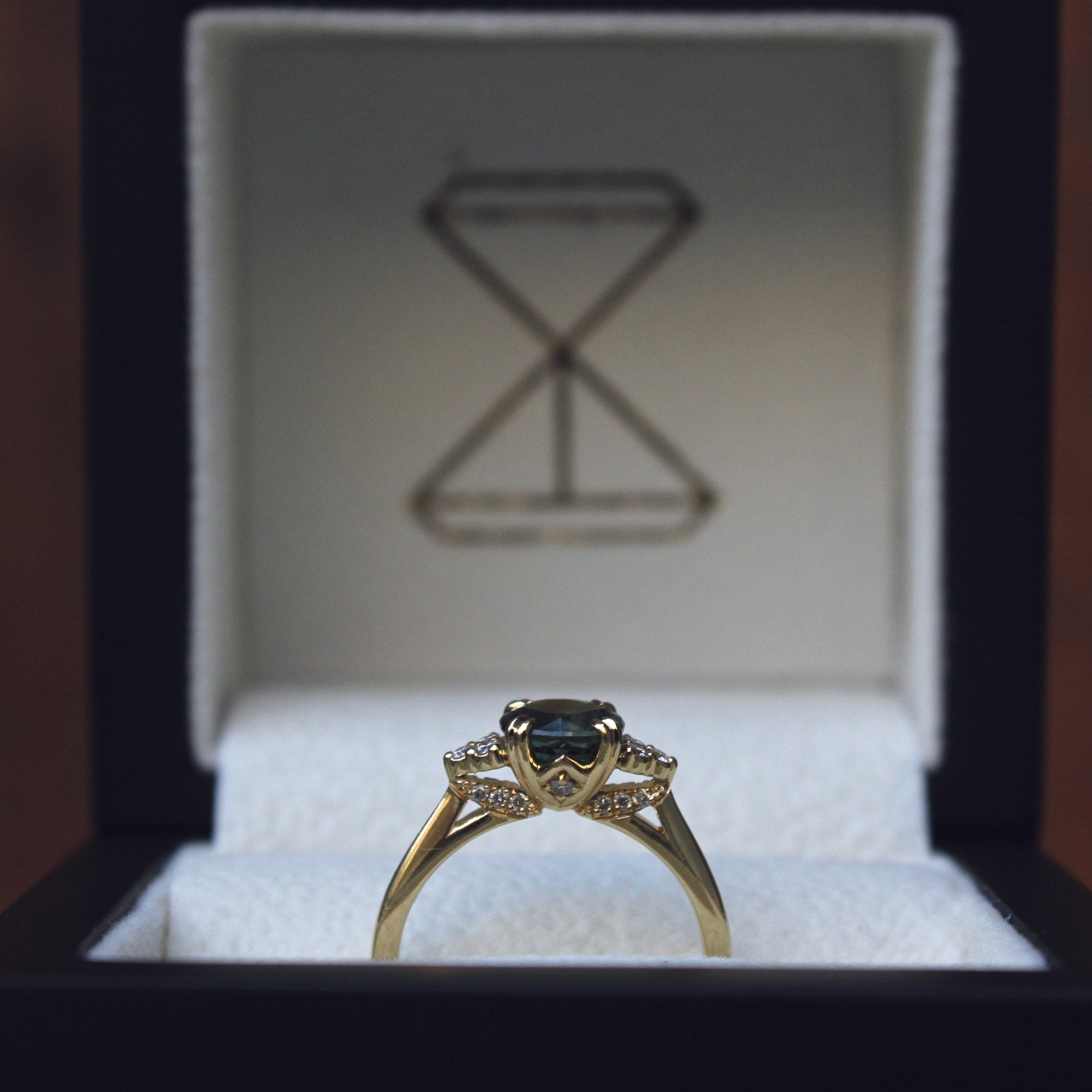 Moira Patience Fine Jewellery Bespoke Commission Teal Sapphire and Diamond Engagement Ring in Edinburgh