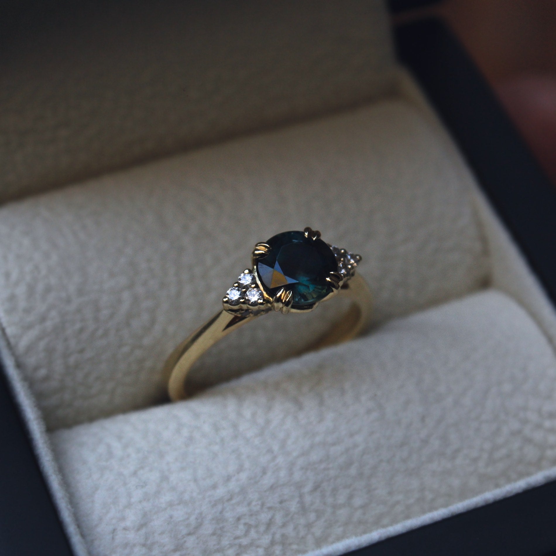 Moira Patience Fine Jewellery Bespoke Commission Teal Sapphire and Diamond Engagement Ring in Edinburgh