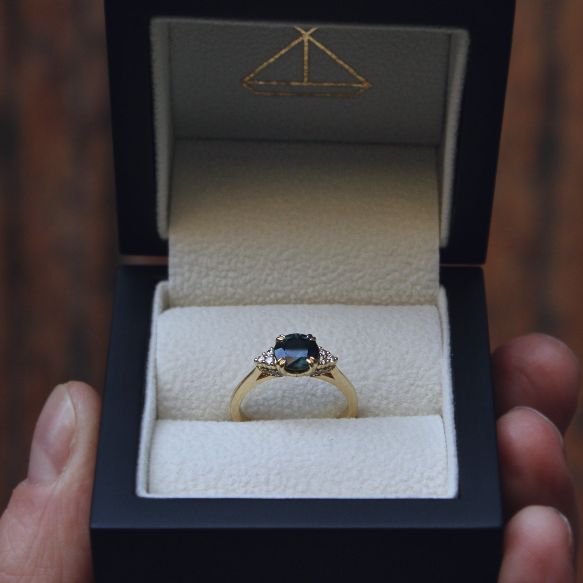 Moira Patience Fine Jewellery Bespoke Commission Teal Sapphire and Diamond Engagement Ring in Edinburgh