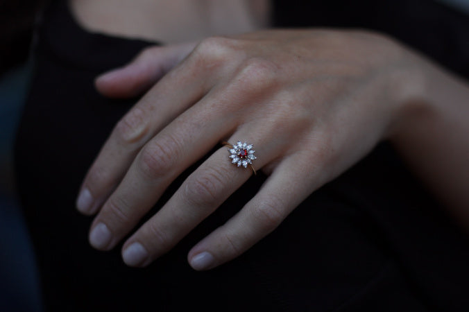 Patience Jewellery Bespoke Floral Ruby Diamond Engagement Ring