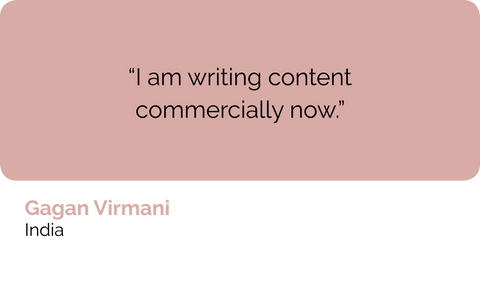 Gagan Virmani, copywriter and technical writer, India: I am writing web content and digital copy commercially now