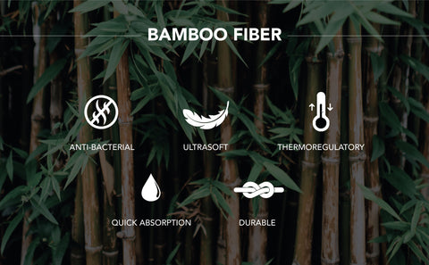 Benefits of bamboo fibre written against a blurry backdrop of bamboo trees